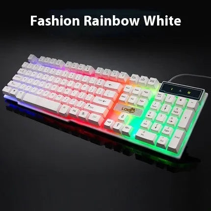 White glowing USB cable with USB-A and USB-C connectors for a gaming keyboard.