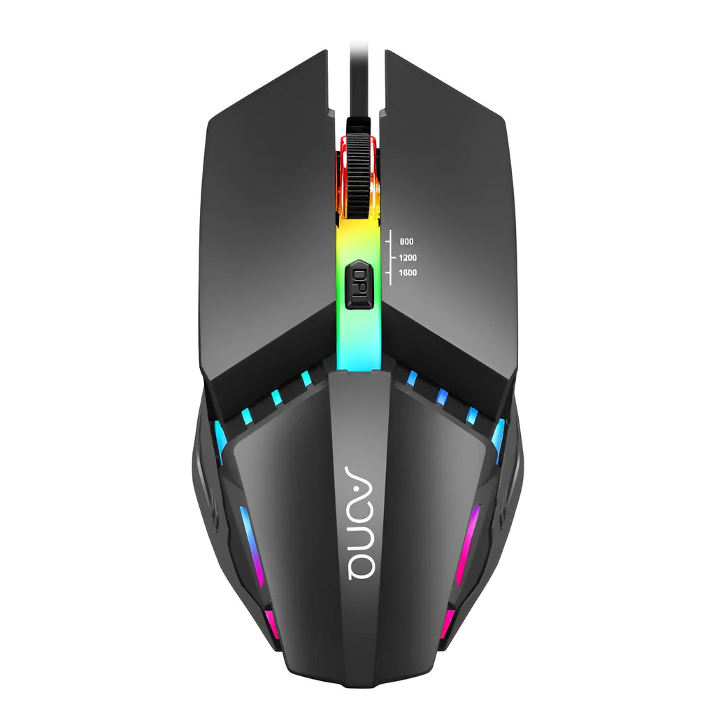 M3 wired USB mouse in black with adjustable DPI settings on a desk