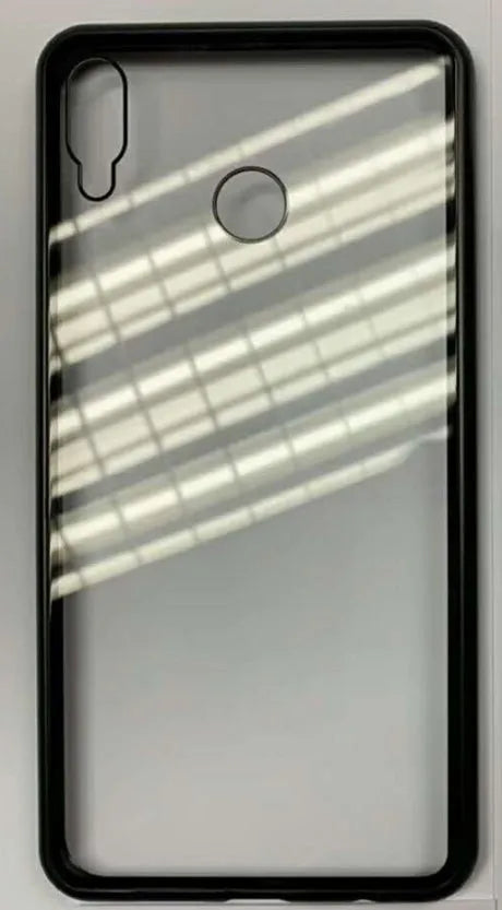 Magnetic metal phone case with tempered glass back for Huawei smartphones showing magnetic attachment points