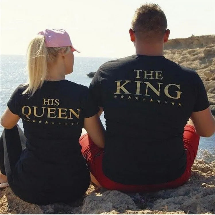 The King & His Queen couple T-shirts, short sleeve, printed black polyester, sizes XS-XXL
