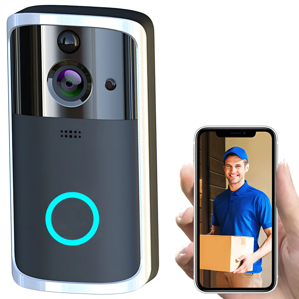 WiFi video doorbell camera in black with PCB material construction, two-way intercom, and infrared night vision