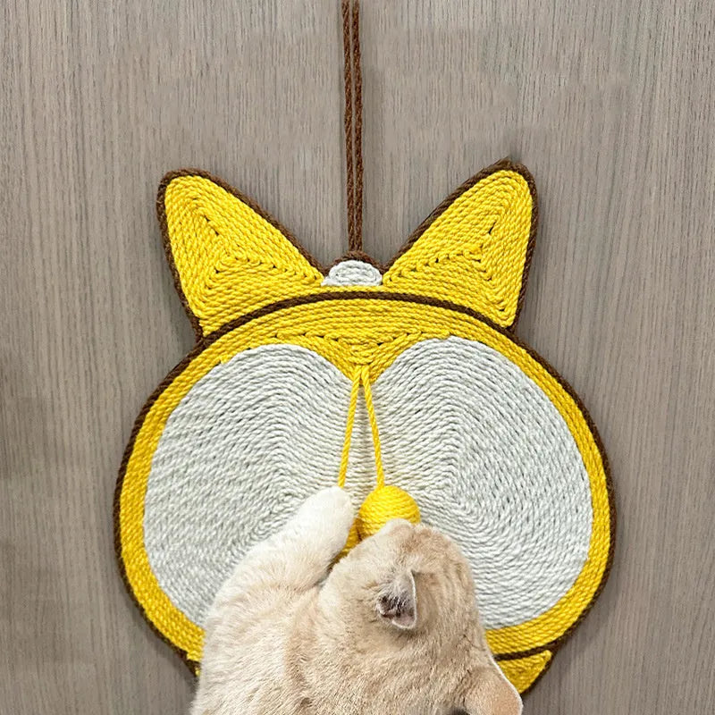 Yellow Corgi design sisal cat scratching board with anti-slip base, shown with adhesive hooks