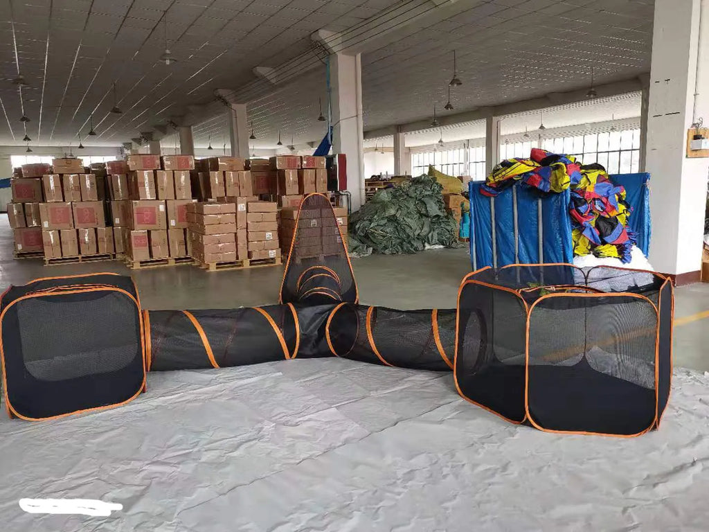 Pet folding toy outdoor game channel fence in black mesh fabric with 6 piece set showing square configuration