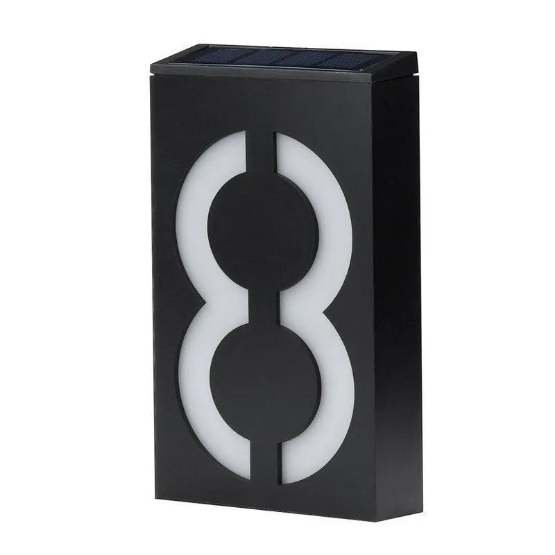 Solar powered outdoor house number light with white LEDs and waterproof ABS housing