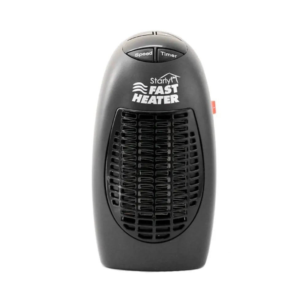 Small black ceramic electric heater with digital display and a rotating plug on a desk.