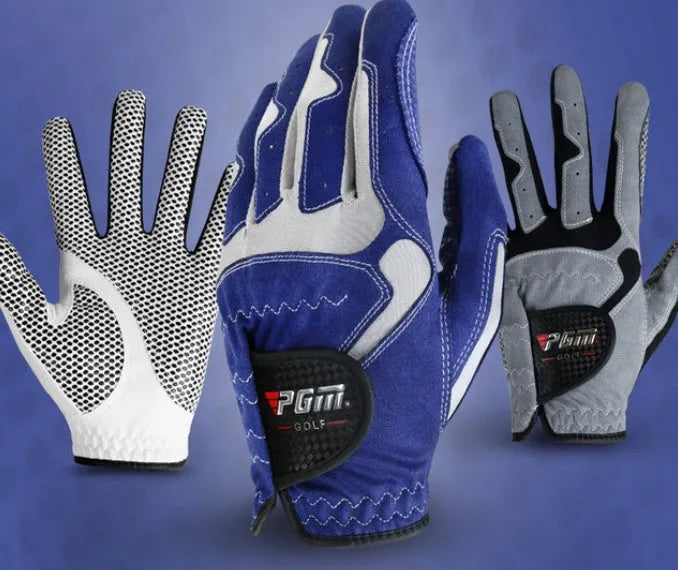 Blue golf microfiber glove with split fingers and anti-skid particles