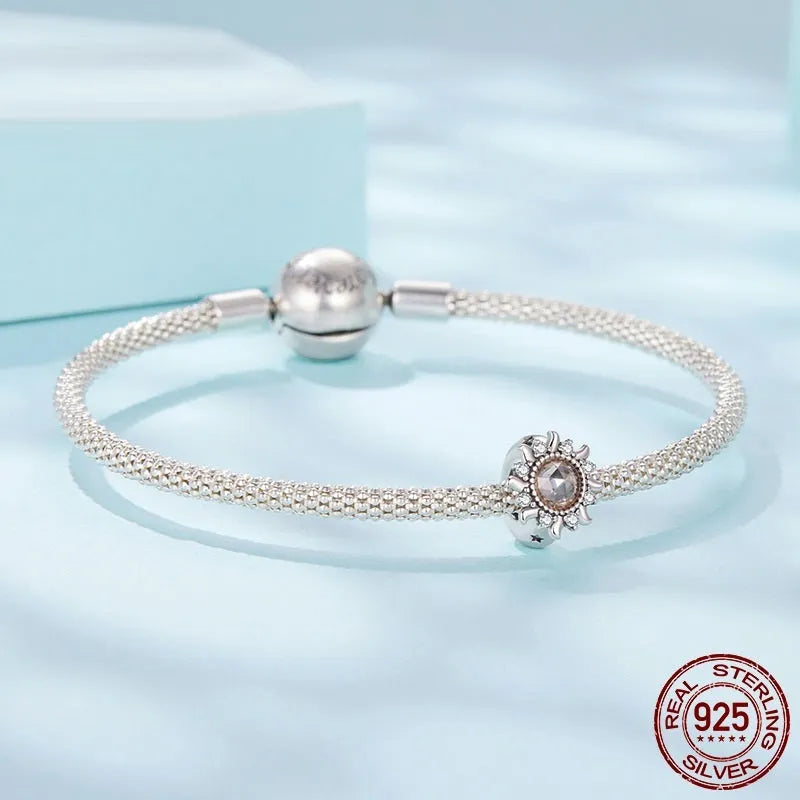 S925 sterling silver sunflower silicone positioning spacer bead on white background, 0.9cm size, SCC3163