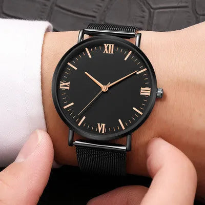 Men's casual quartz watch with round alloy case, mineral glass, pointer and number display, 40mm dial, available in all black