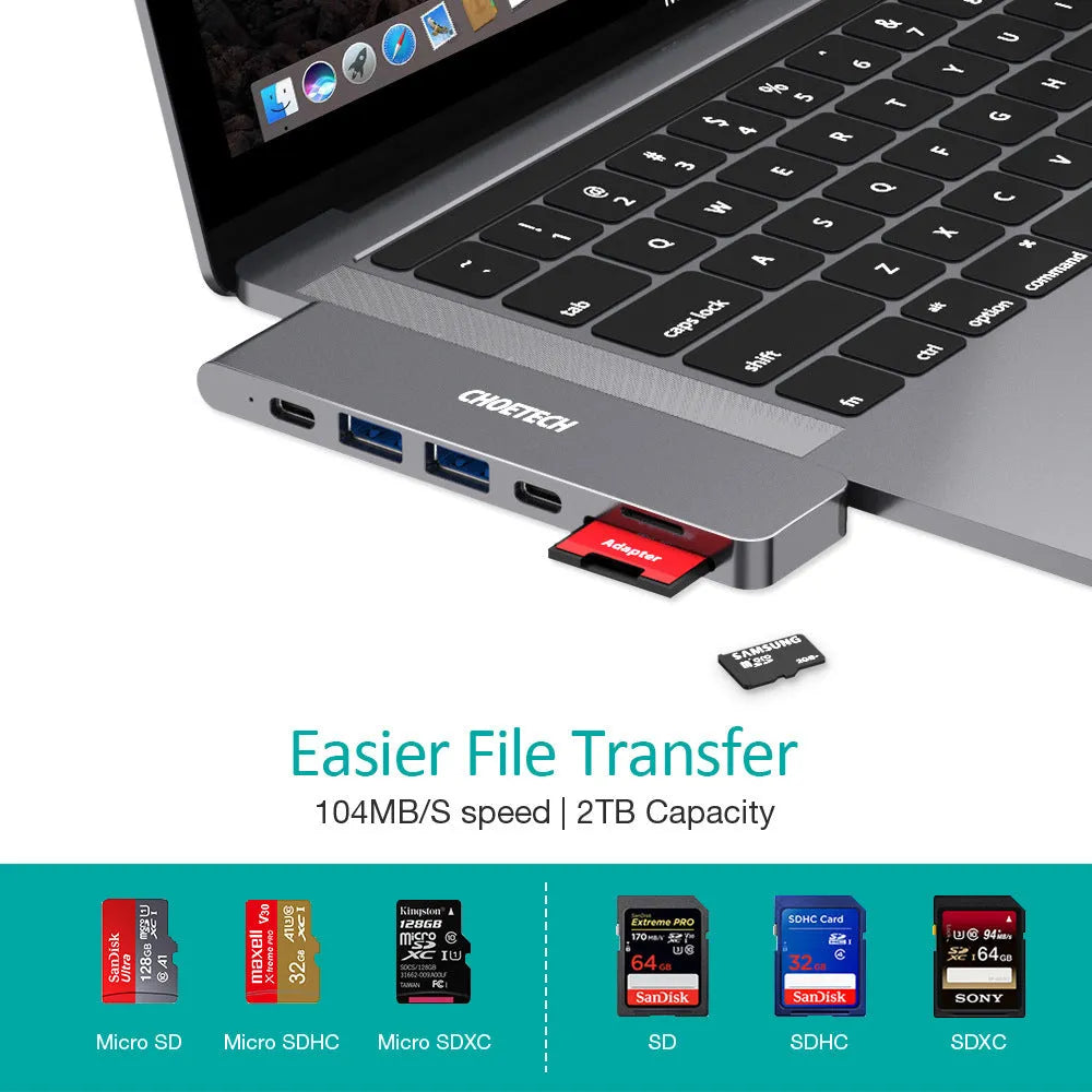 Aluminium USB-C multi-port adapter with SD card slot, HDMI, USB, and Thunderbolt ports