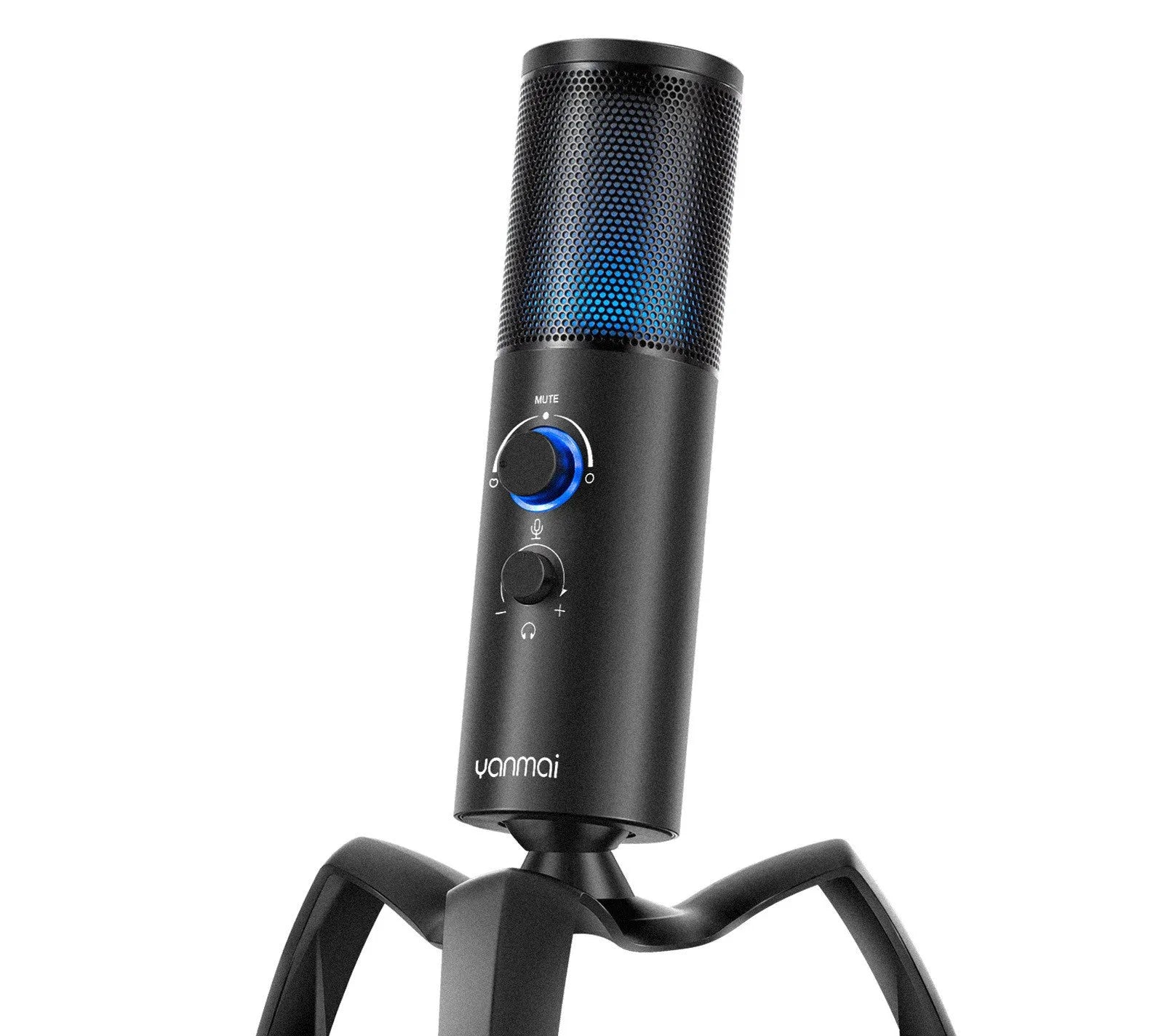 Black Q18 USB condenser microphone with RGB lighting on adjustable metal tripod stand