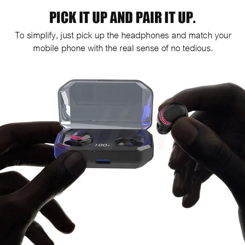 Black Bluetooth wireless headset with its compact rectangular charging case.