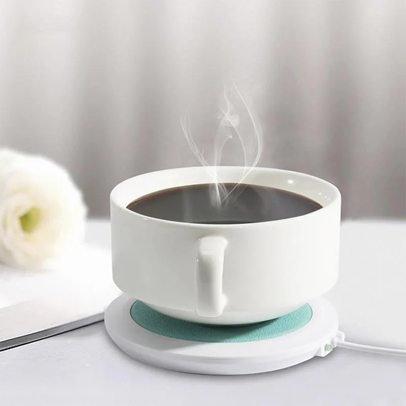 USB-powered heating coaster in black, blue, or orange PU leather for desk drink warming