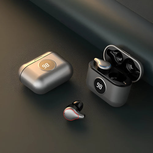 Black and blue in-ear Bluetooth headset with bilateral stereo earpieces for hands-free use.