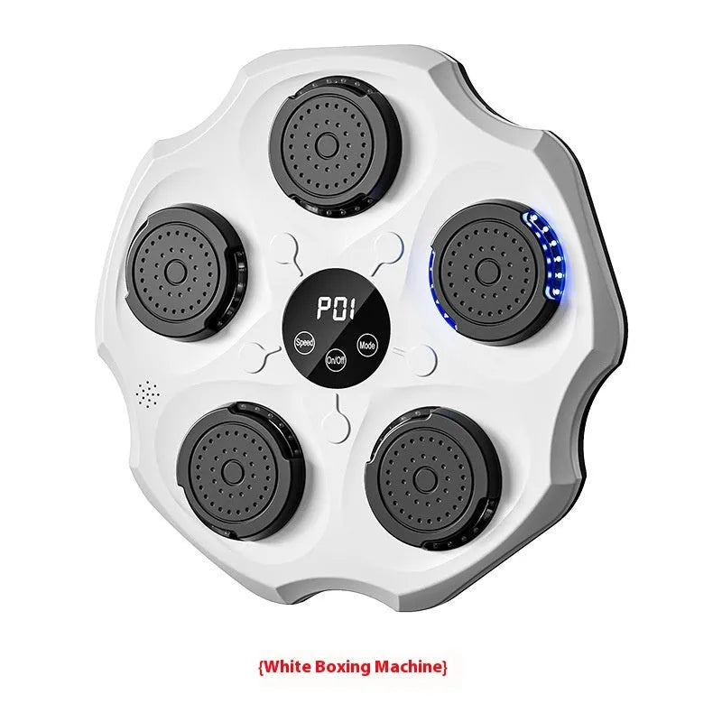 Black Bluetooth boxing wall target with glowing lights, mounted on a wall next to boxing gloves.