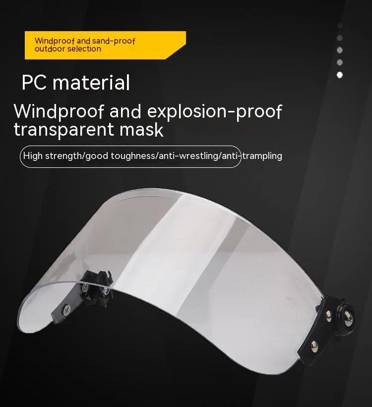 Transparent polycarbonate full face shield for safety helmet mounting.