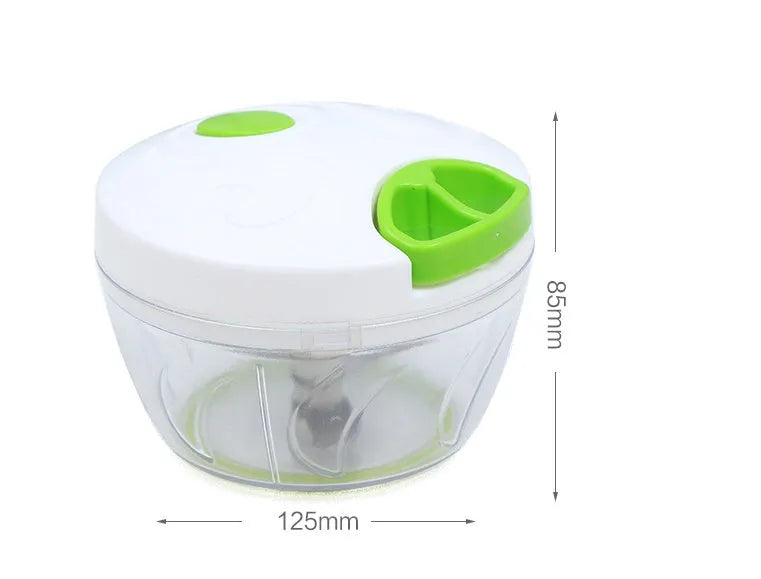 Green manual food chopper with stainless steel blades, showing 500ml capacity bowl.
