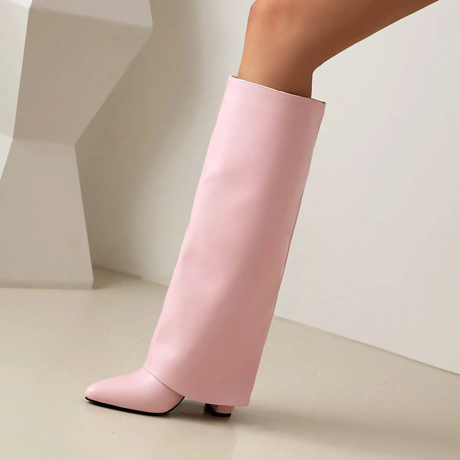 Women's plus size thick high heel ankle boots in black, pink, or white with a sock length design