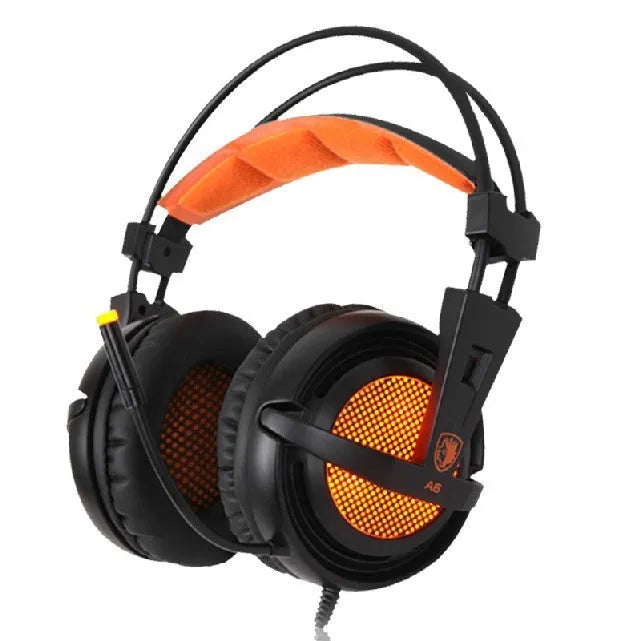 Black and white USB gaming headset with LED lights and padded ear cushions