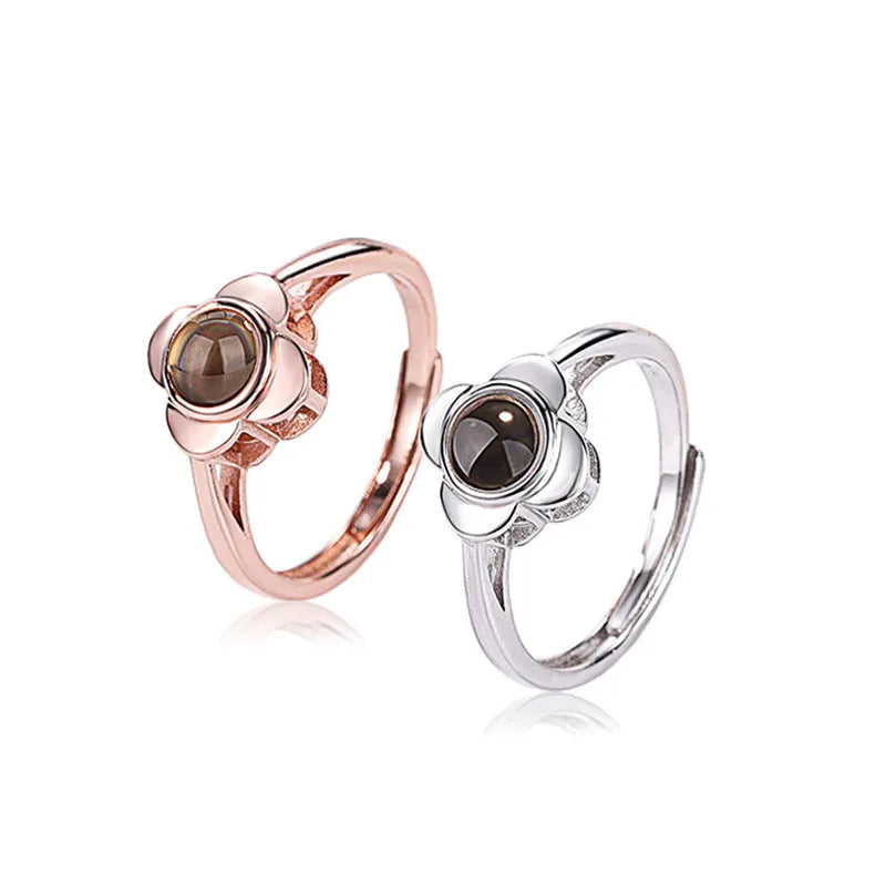 925 sterling silver adjustable projection ring with flower shape design and love stone projection feature