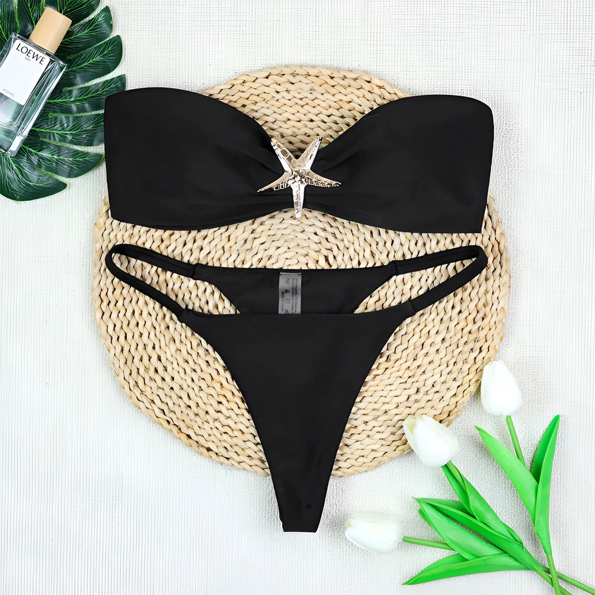 Tube top bikini set with backless low waist briefs in black, white or blue, sizes S M L, nylon fabric