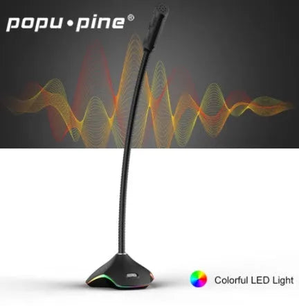 Black wired condenser microphone with desktop stand on a white background.