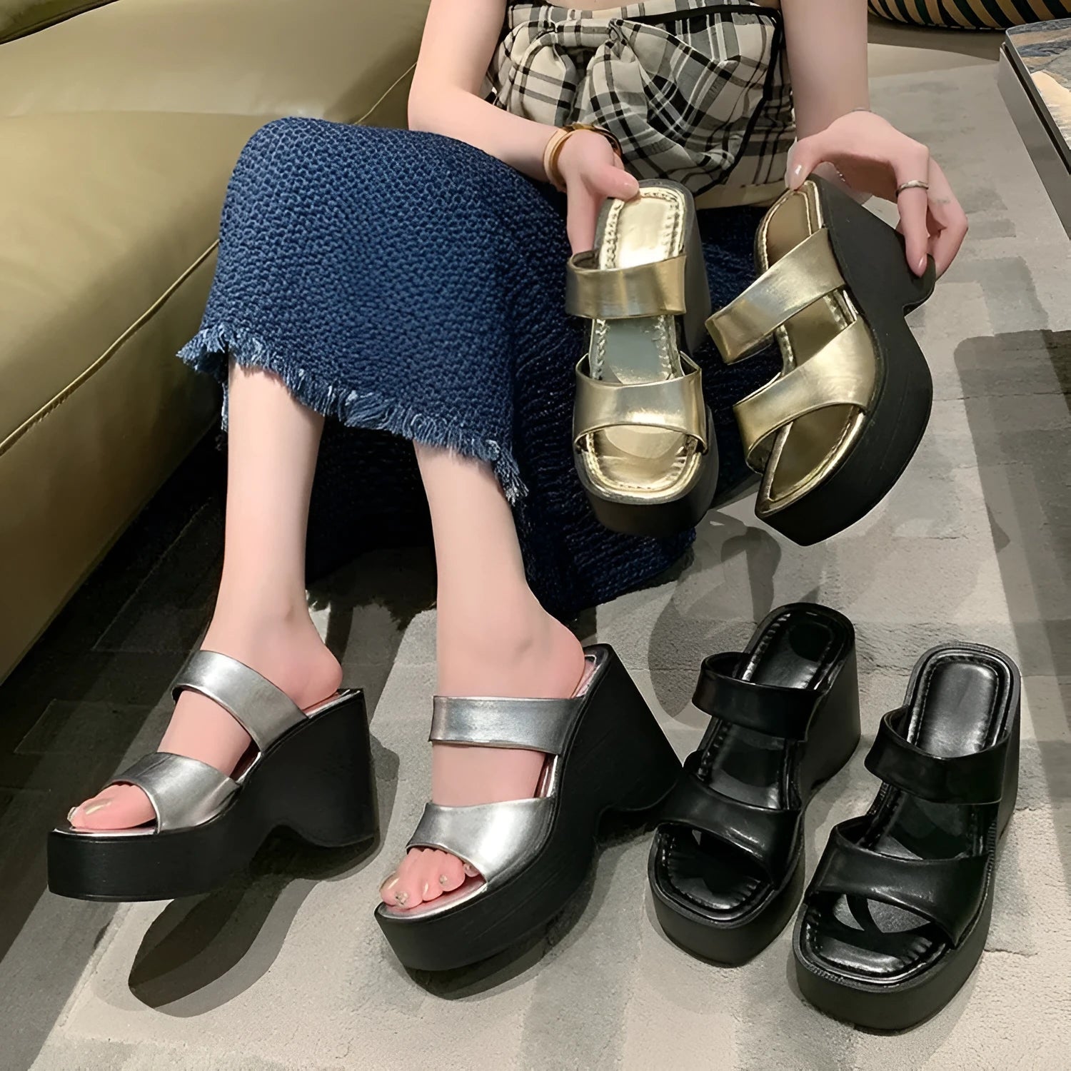 Women's black wedge platform slippers with square toe on a white background.