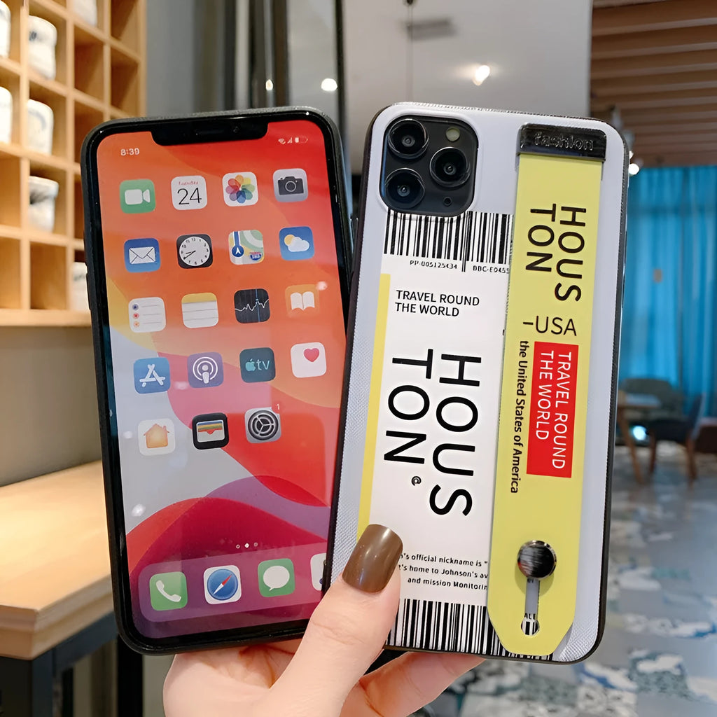 Mobile phone shell back cover for Apple iPhone in red, violet, or yellow with wristband