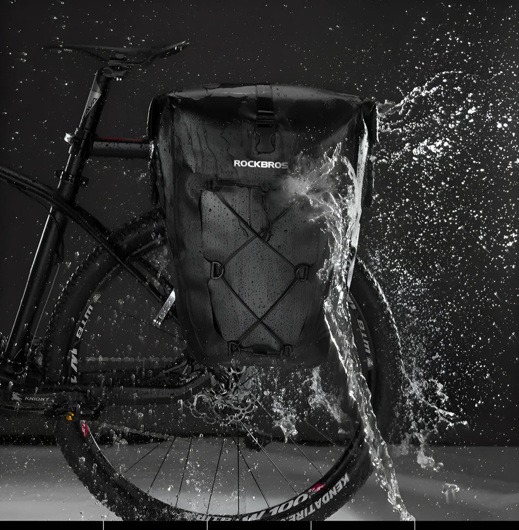 Waterproof bicycle bag in black or yellow, made from nylon cloth and waterproof fabric.