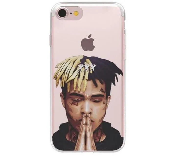 Half-wrapped transparent iPhone case with matte XXTentacion pattern on a phone.