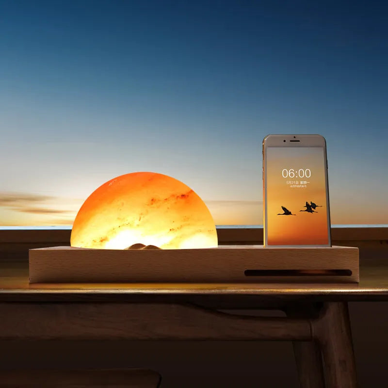 Sunrise Oriental wooden base salt lamp with natural crystal shade and integrated wireless phone charging pad