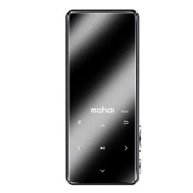 Ultra-thin black portable MP3 player with a 2.4-inch touchscreen showing music playback interface.