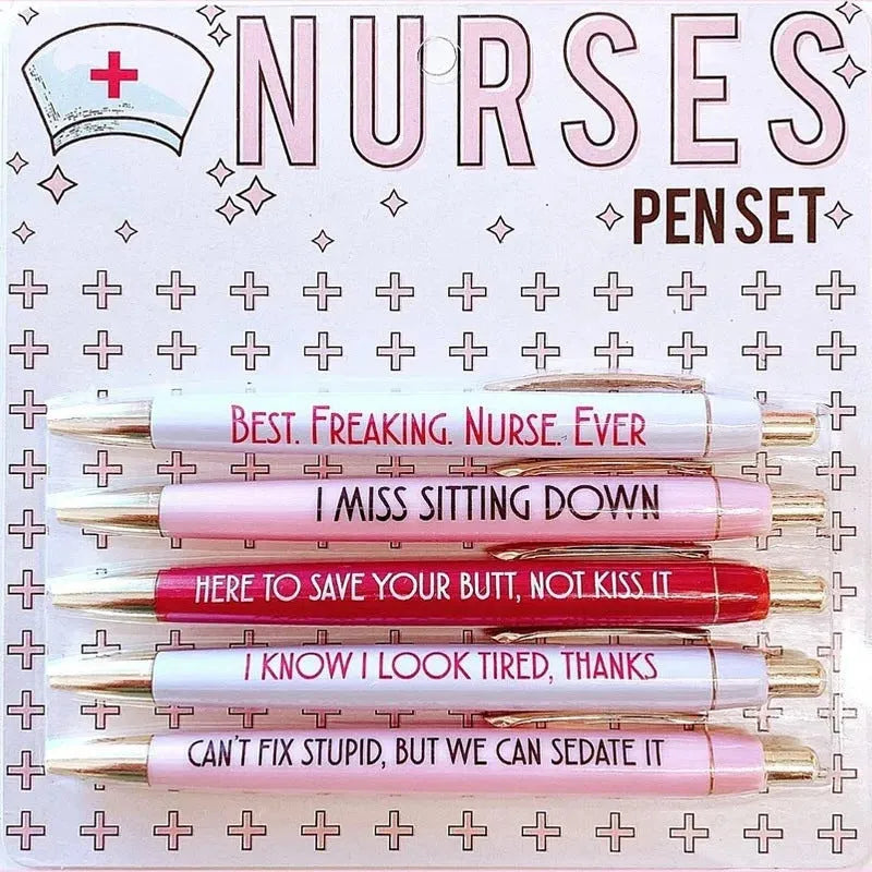 Set of five plastic retractable ballpoint pens with nurse-themed designs on the barrels.