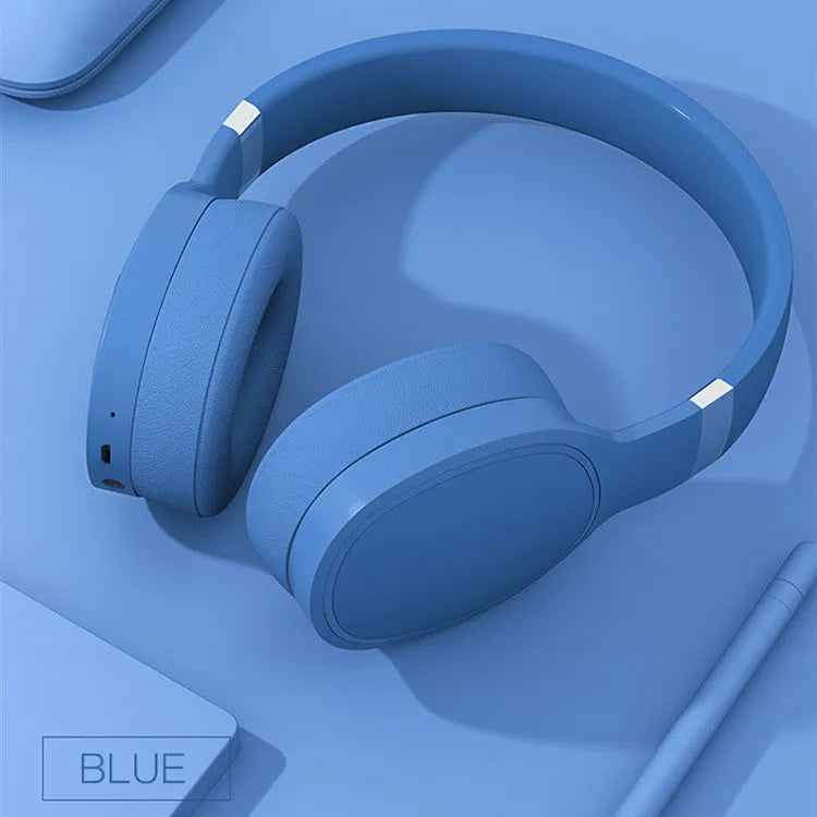 Wireless Bluetooth headset in black, blue, grey, or white with 40mm speakers and rechargeable battery