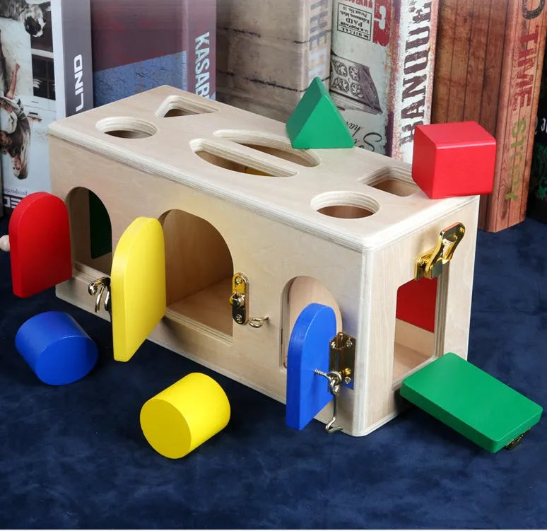 Wooden shape lock box educational toy with 12 colourful pieces for preschool children