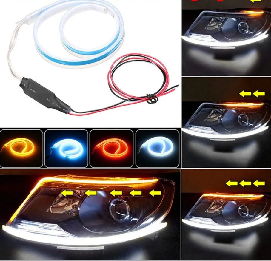 60cm ultra-thin car LED tear light guide strip in white yellow two-colour mode on a dark background