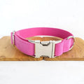 Pink velvet dog collar and matching leash set in polyester, available in sizes XS to XL