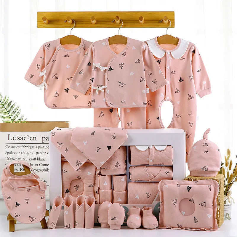 Baby cotton clothes gift box with 22-piece long sleeve cardigan set in pink and blue cartoon patterns