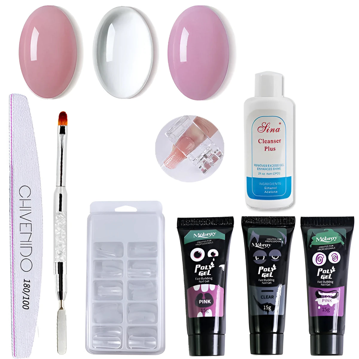 Nail crystal extender set with 3 gel polishes, brush, file, clamp, 30ml rinse and 100 nails