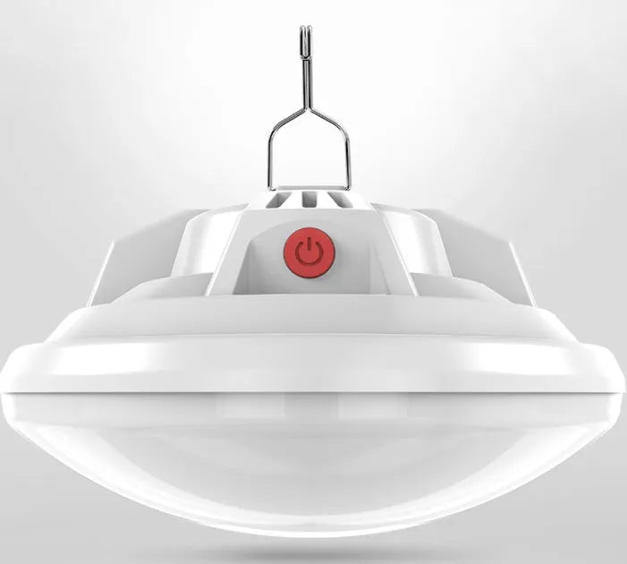 Multifunctional camp LED light with charging capability showing illumination radius measurement