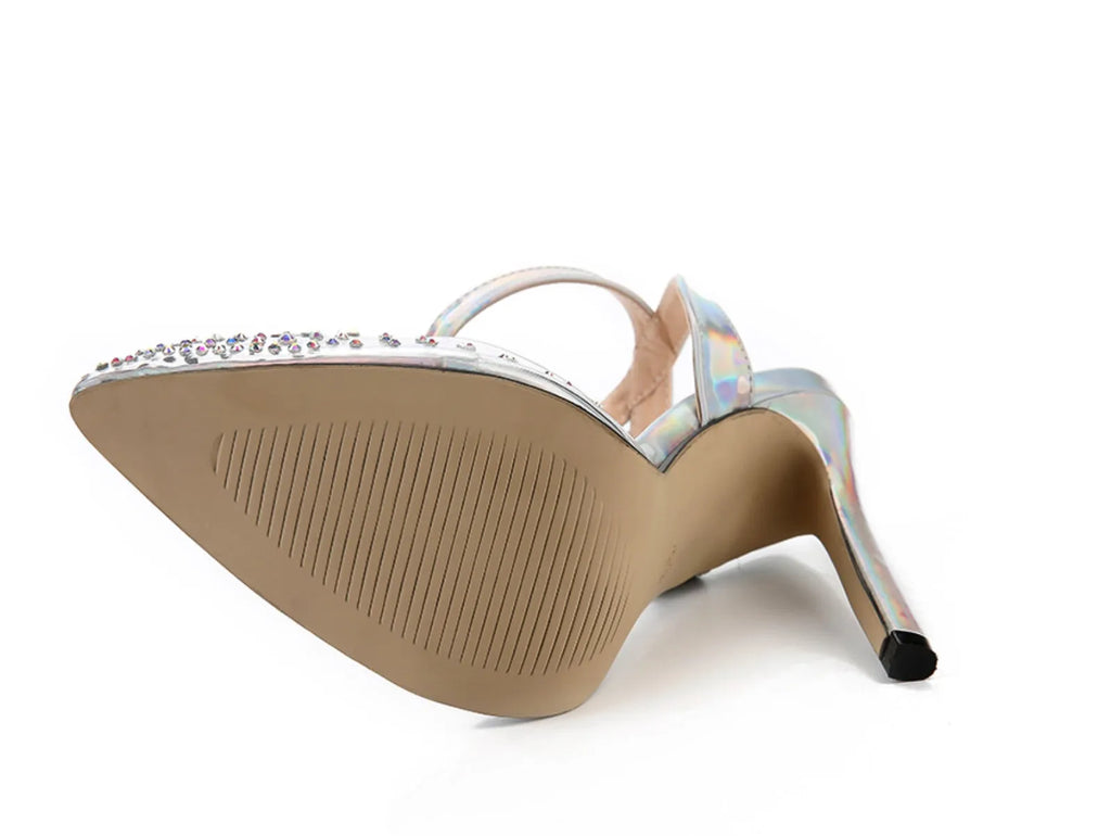Women's pointed toe stiletto heel sandals with a glossy PVC upper and an ankle strap buckle.