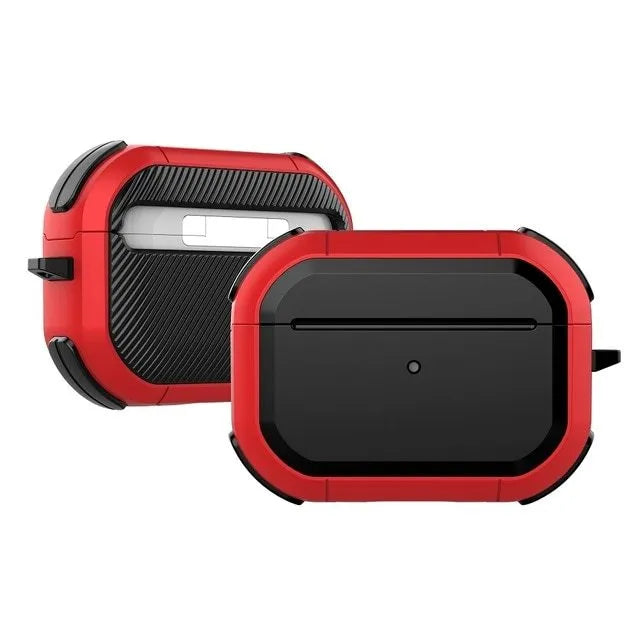 Black TPU and PC protective case for Apple AirPods Pro and AirPods 1/2 models on a white background.