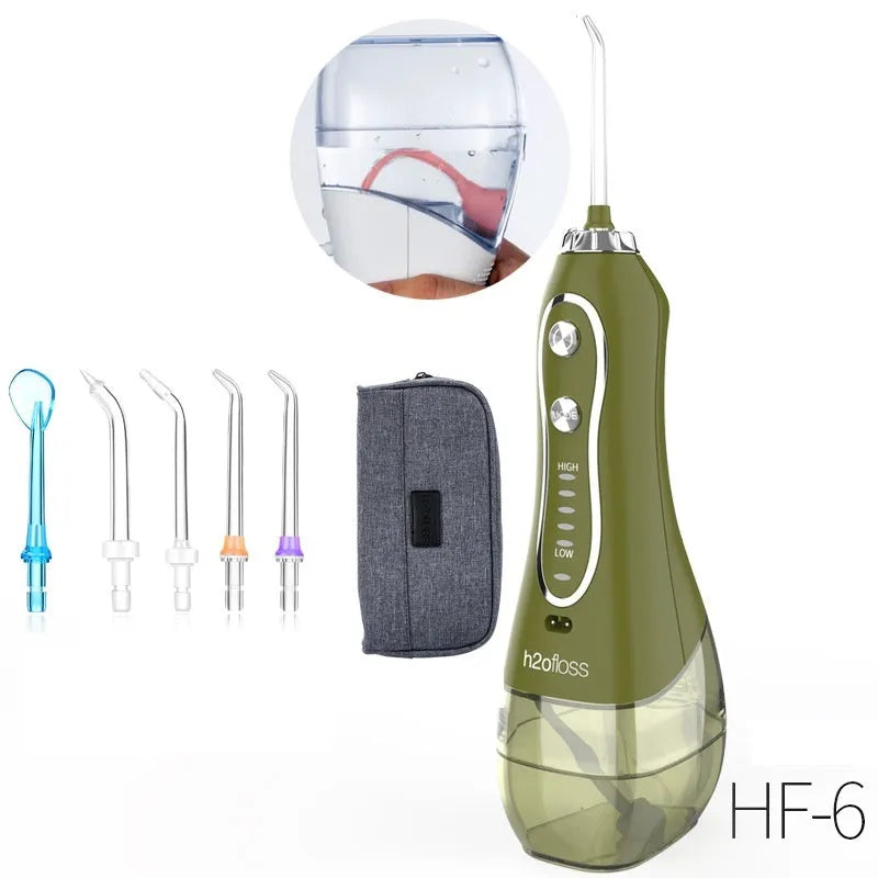 Portable electric tooth pulse water flosser with 300ml tank and three pressure modes in avocado green
