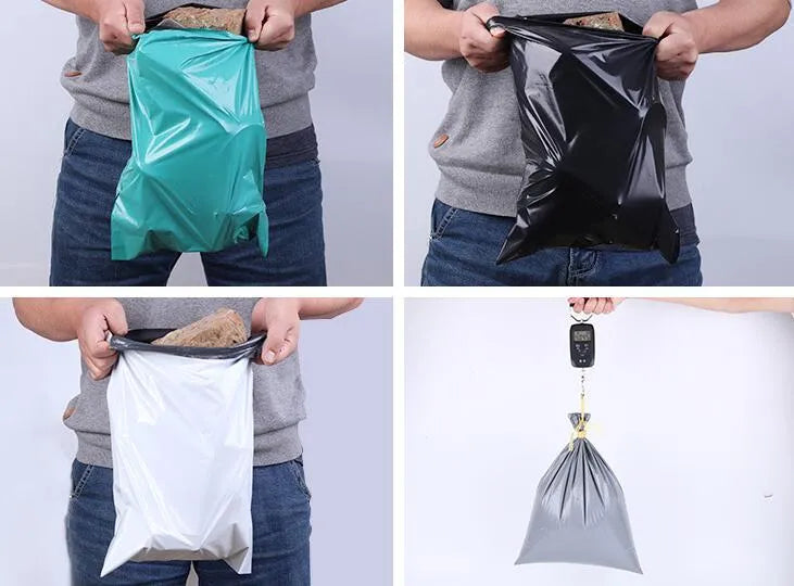 A bundle of 100 clear PE courier bags for clothing in multiple sizes, sealed with stickers.