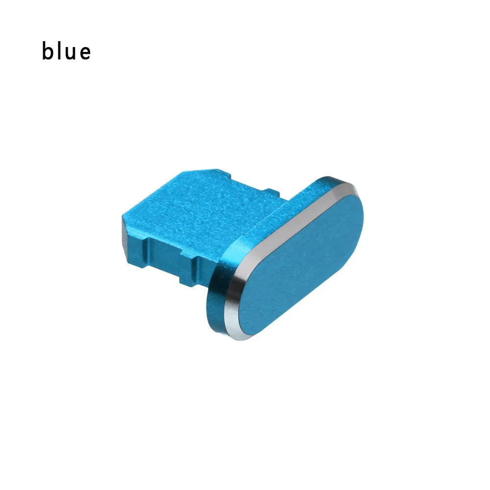Aluminium alloy iPhone charging port dust plug in multiple colours including gold, silver, blue, red, grey, black, and rose gold.