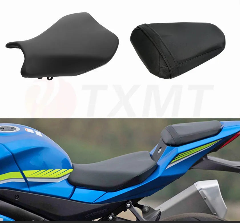 Suzuki GSXR1000 motorcycle with black PU leather protective covers on the front and rear seats.