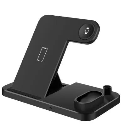 4-in-1 wireless charging dock showing iPhone, Apple Watch, AirPods and Apple Pencil charging simultaneously on adjustable stand.