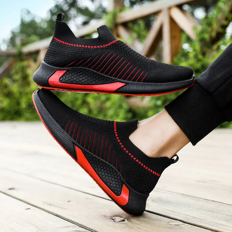 Men's striped mesh sock shoes with flyknit upper and lace-up front in multiple colour options