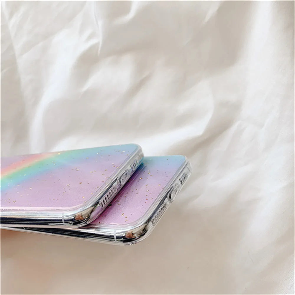 Rainbow gradient coloured TPU protective case for iPhone on a white background.