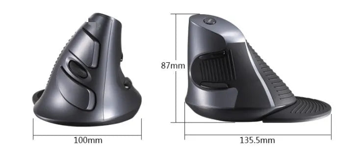 Black M618 wireless vertical ergonomic mouse with USB receiver on a desk mat