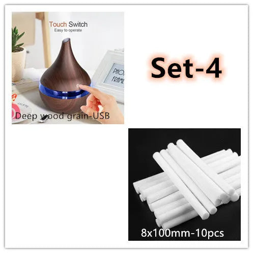 LED essential oil diffuser in wood grain finish, 12x11cm, USB powered, fireproof ABS and PP